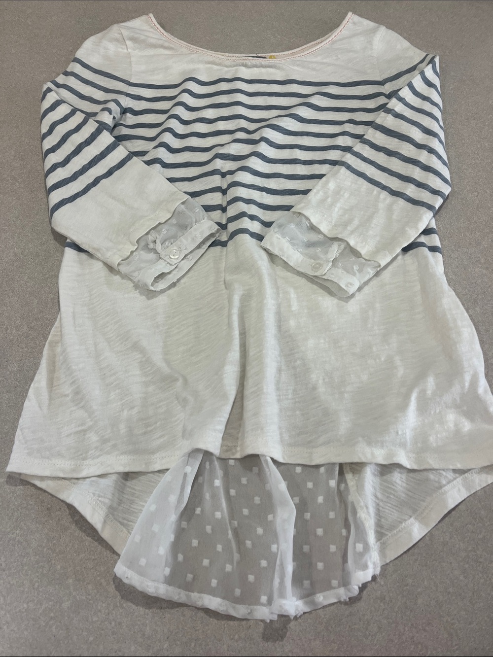 Little yellow button Striped White & Navy Boatneck Women's Top with Sheer Back